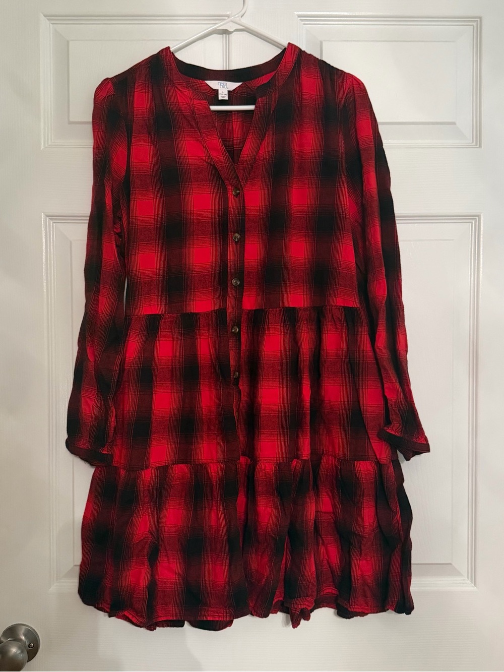Time and Tru Red and Black Plaid Button-Front Tiered Dress